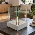 Sunset Garden Mini grey bioethanol fireplace burning on a dark coffee table in front of an olive sofa