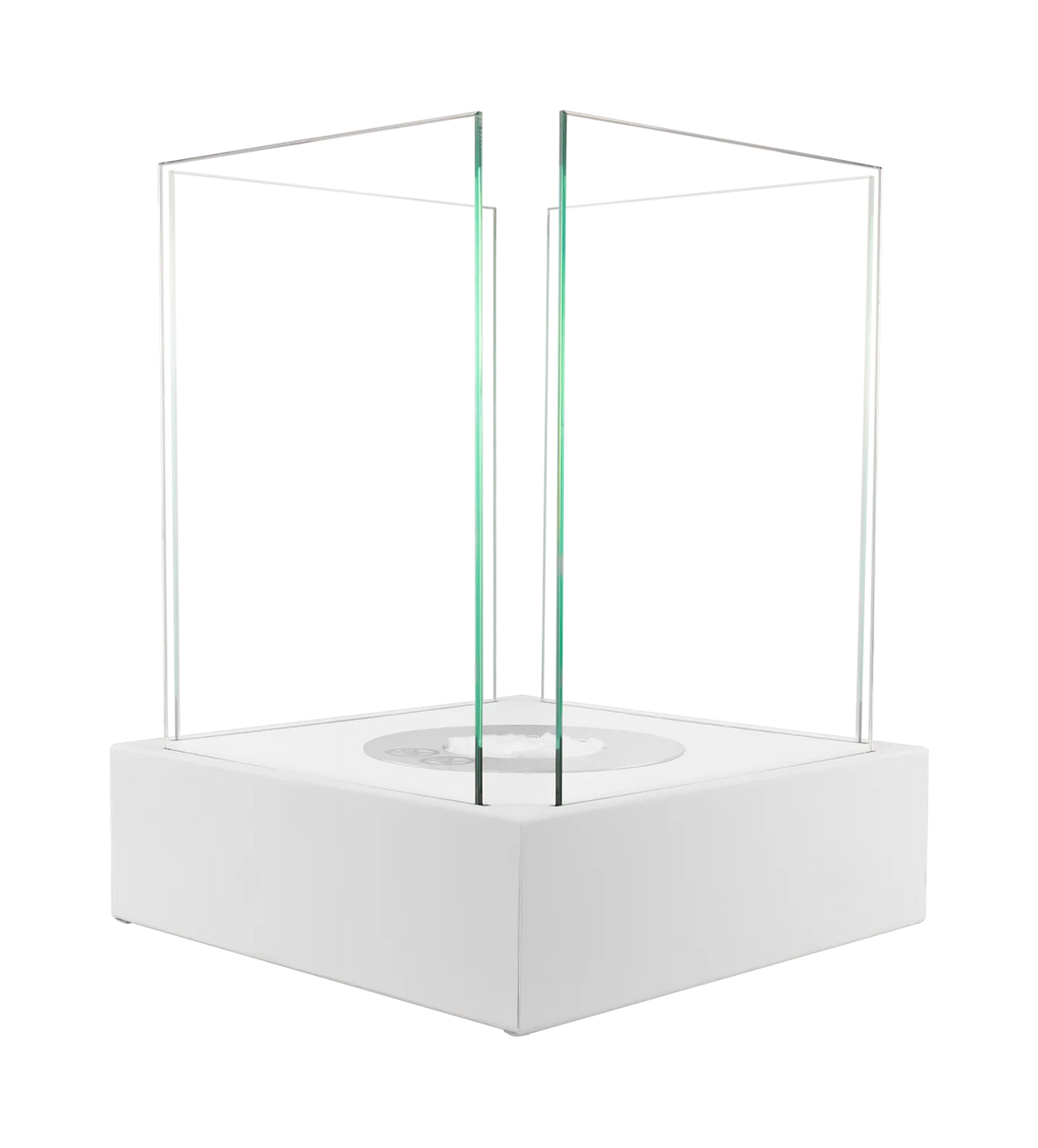 Angled view of the Sunset Garden Mini matt white bioethanol fireplace with four clear glass panels