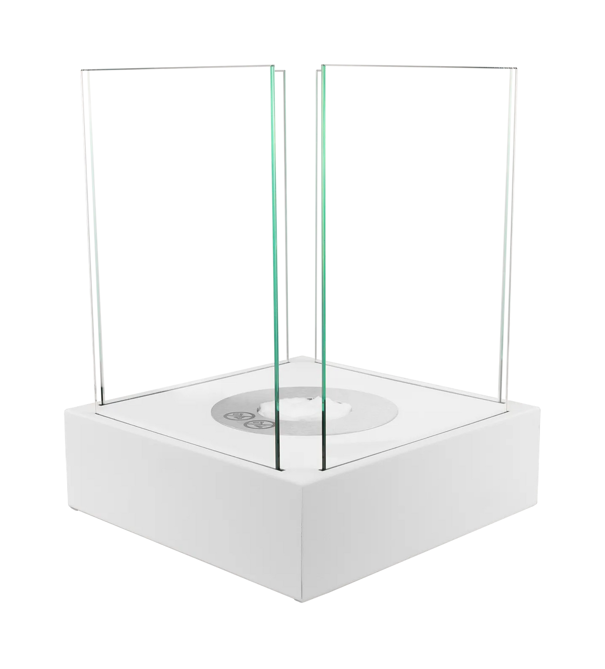 Corner view of the Sunset Garden Mini white bioethanol fireplace showing its matt base and upright glass panels