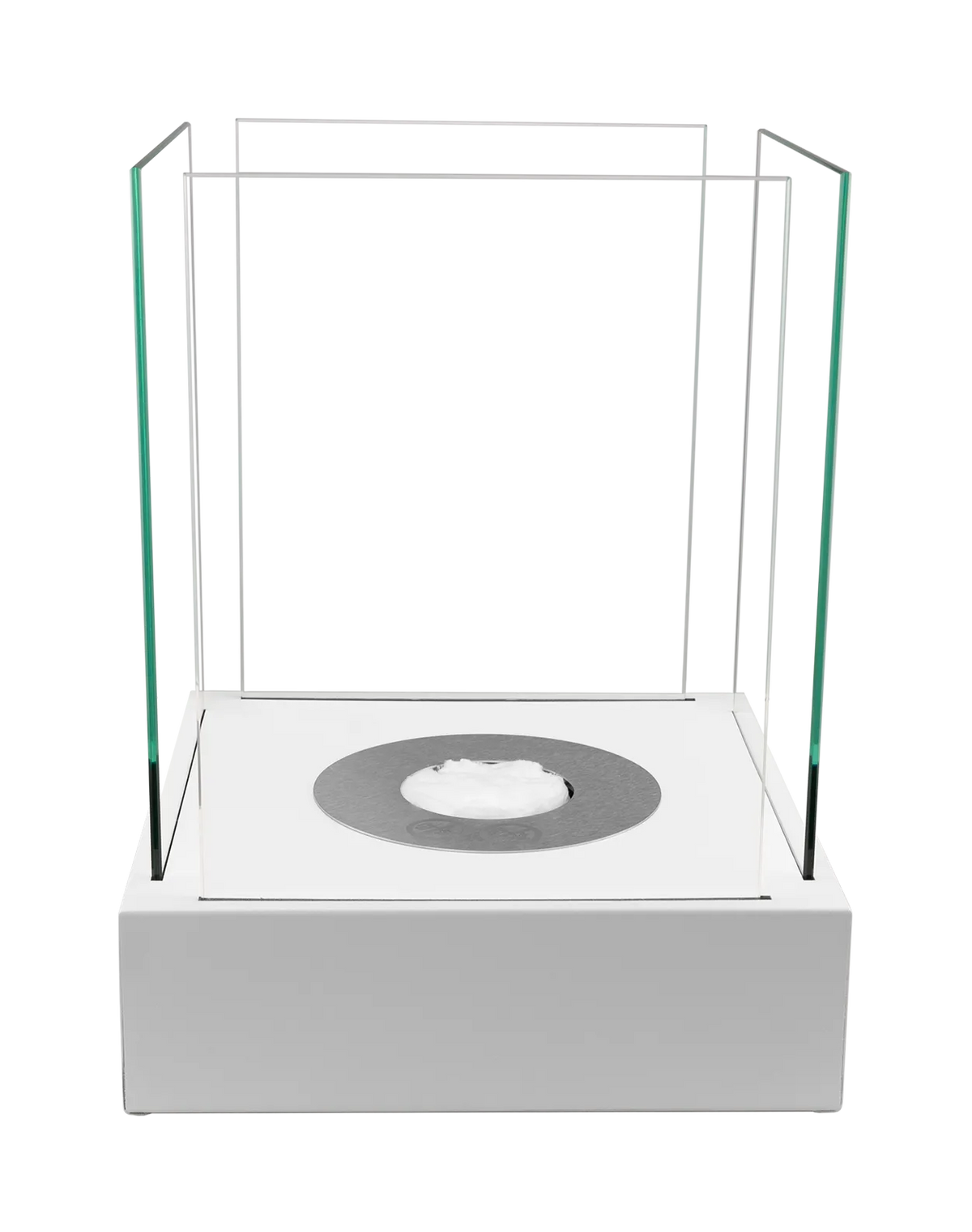 Front view of the Sunset Garden Mini white bioethanol fireplace with an unlit burner and glass panels